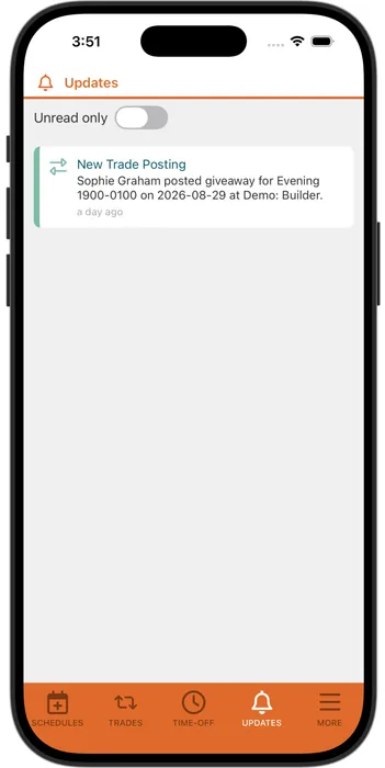 The Updates tab in the MetricAid mobile app, headed by a bell icon, with an Unread only toggle switched off. One notification card reads New Trade Posting — Sophie Graham posted giveaway for Evening 1900-0100 on 2026-08-29 at Demo: Builder — a day ago. The bottom tab bar lists Schedules, Trades, Time-Off, Updates, and More, with Updates selected.