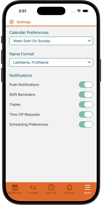 The mobile app's Settings screen. A Calendar Preferences section holds dropdowns set to Week Start On Sunday and Name Format LastName, FirstName. Below it a Notifications section lists toggles for Push Notifications, Shift Reminders, Trades, Time Off Requests, and Scheduling Preferences, all switched on.