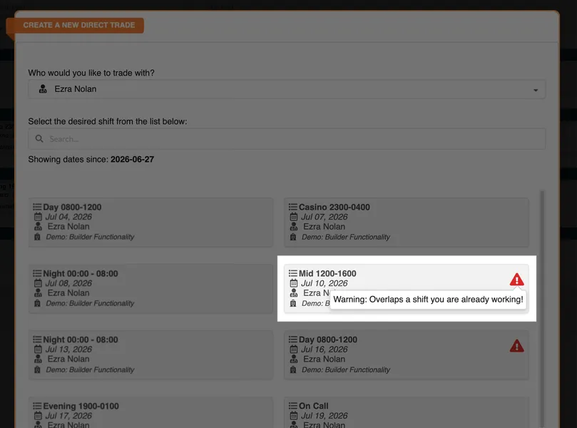 The Create a New Direct Trade dialog, showing a list of the selected provider's shifts available to request. Two of the shift cards carry a red warning triangle, and the hovered card displays the tooltip: Warning: Overlaps a shift you are already working!